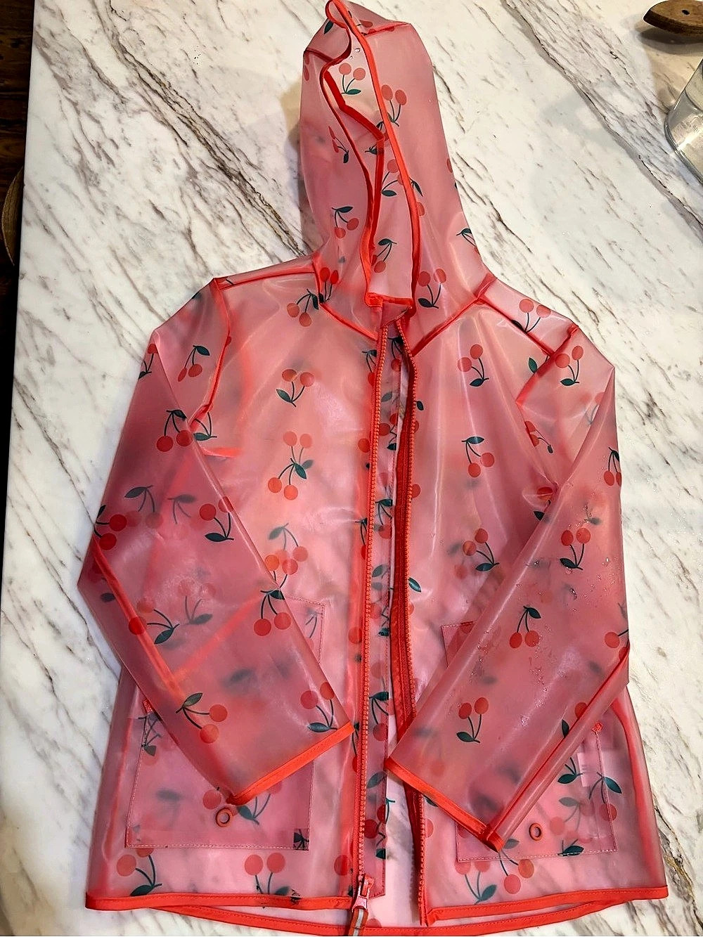 Cat & Jack Kids' Cherries Printed Clear Rain Coat Pink Girls XS (4/5)